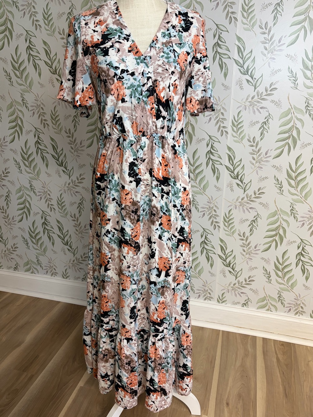 SHEIN Peach, Teal & Cream  Floral V-Neck Maxi Dress